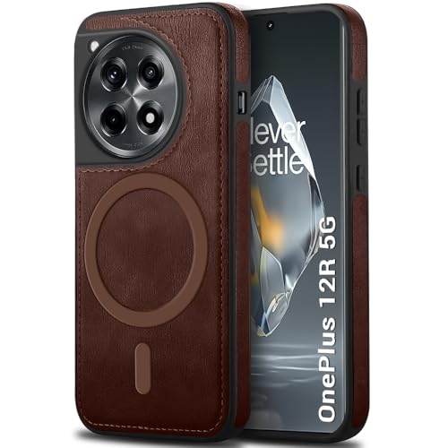 Image of TheGiftKart Genuine Leather Finish Back Cover Case for OnePlus 12R 5G | Shockproof Design | Raised Edges for Camera & Screen Protection | Stunning Minimalist Design Cover (MagSafe Compatible, Brown)
