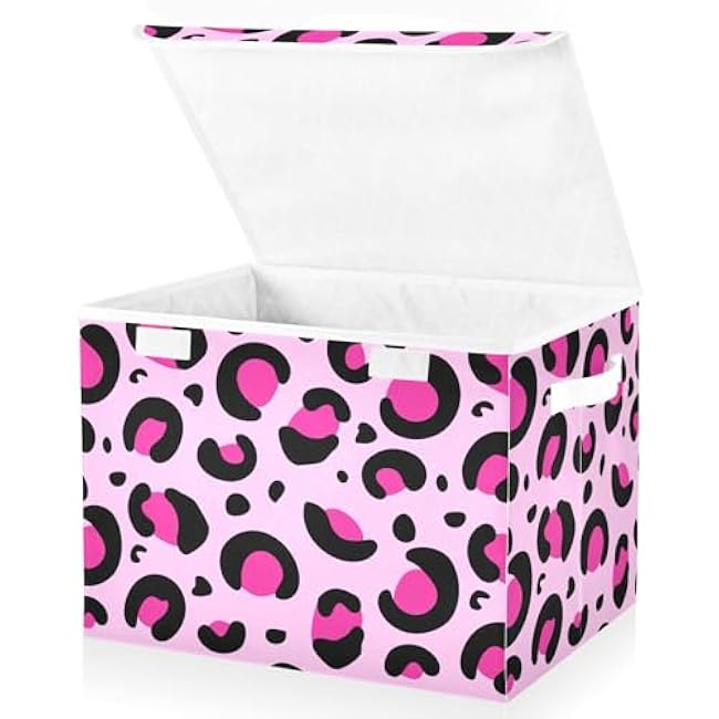 susiyo Large Foldable Storage Bin with Flip-Top Lid, Leopard Black Pink Storage Box Collapsible Closet Organizer Containers Boxes Decorative Baskets with Handles for Home Bedroom Living Room Office