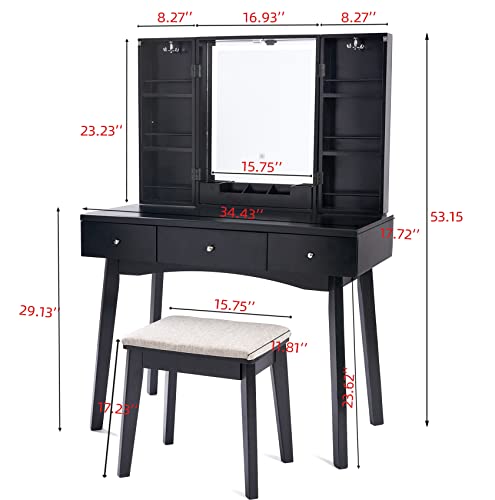 Bewishome Makeup Vanity With Lights, Vanity Desk Black Vanity Set With 3 Color Lighting Modes Adjustable Brightness, Makeup Table Vanity Table With Cabinet, Makeup Desk Dressing Table Black Fst12H #TOP6