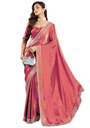 Spacec Silk Saree with Zarkhad Diamond Work and Fancy Chiffon Blouse | Elegant Saree for Women with Shimmer Finish, Designer Border and Graceful Drapi...