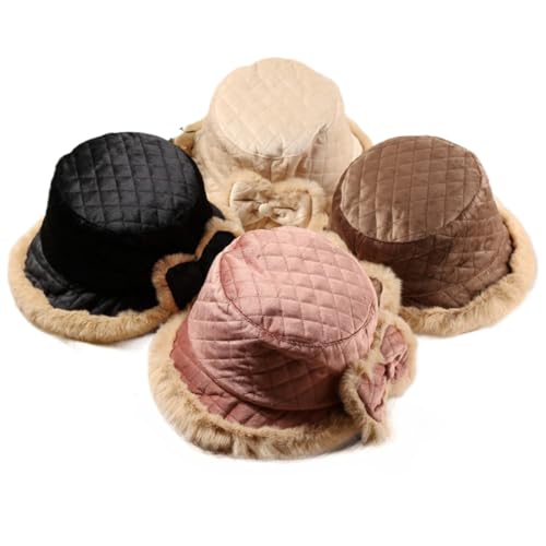Furry Bucket Hat Rave 90s Y2K Fuzzy Faux Russian Fur Fluffy Winter Women Men, Warm Bow Cute Fashion Christmas (Coffee Color)