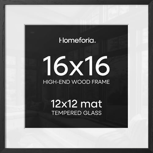 Image of Homeforia 16x16 Black Wood Frame, High End Oak 16 x 16 Square Picture Frames with Mat 12 by 12 inches Photo, 16by16 Black Wooden Poster Frames Matted to 12x12 Print, Tempered Glass, Wall Kit, Set of 1
