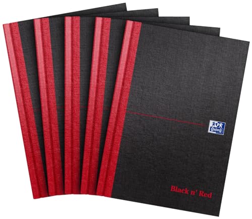 Oxford Black n' Red A5 Notebook, Hardback Casebound, 192 pages, Lined (Pack of 5)