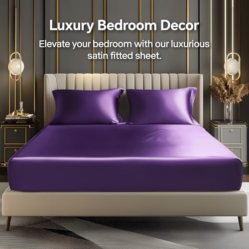 BEDELITE Satin Fitted Sheet and Pillowcases Set, Luxury Soft Similar to Silk Bottom Bedsheet with Elastic Corner Straps, Deep Pocket up to 15 Inch, 1 Fitted Sheet and 2 Pillowcases(Queen, Plum Purple)