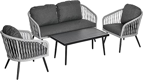 Image of LOCCUS 4 Piece Outdoor Rattan Patio Furniture Set, Garden Sofa Set with 2 Single Chairs, 1 Loveseat & Tempered Glass Coffee Table, All-Weather Wicker Conversation Set with Cushions for Backyard (Grey)