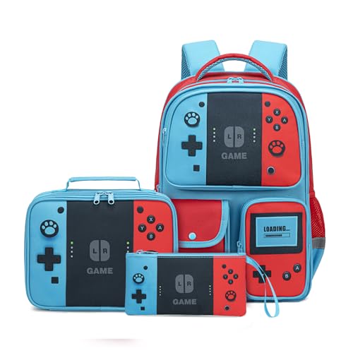 Backpack for Boys 3-in-1 Backpack with Lunch Box Set Gaming Bookbag stylish kids travel backpack for boys 6-18 Kids Junior High School Primary School Back pack (Red-blue-set)