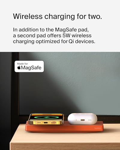 Image of Belkin 2-in-1 Wireless Charging Pad with MagSafe 15W, Fast Charging iPhone Charger - Wireless Charging Station for iPhone 17, 16, 15, and 14 Series, AirPods, and Other MagSafe Enabled Devices - Orange | Fast Wireless Charging Up to 15W for Iphone 12 and Later Models. Additional 5W Qi Pad for Airpods or Other Devices. Compact