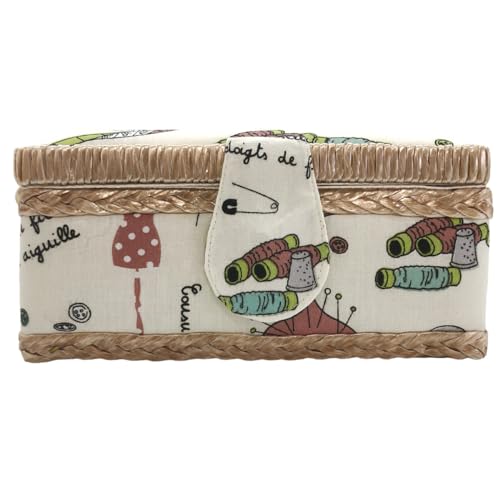 Costurero de Madera, Caja de Costura Forrada en Tela con 8 Compartimentos, Organizador con Alfiletero, Caja de Almacenamiento con Asa y Bandeja, (Corazón, Pequeña)