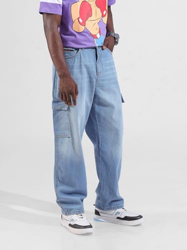 Image of The Indian Garage Co Men Baggy Solid Mid-Rise Cargo Jeans