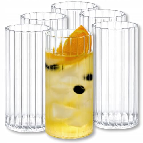 Wilmax - Bicchieri in vetro scanalato - Set da 6-300 ml - Bicchieri per acqua, succhi, limonata, tè, caffè freddo, cocktail - Bicchieri per acqua - Bicchieri per succhi - Lavabili in lavastoviglie