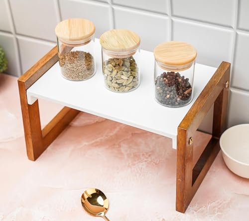 Image of 2-Tier Wooden Countertop Organizer Shelf for Kitchen Counter | Multipurpose Storage Rack for Spice Jars, Oil Bottles, Seasonings & Condiments | Desktop Display Shelf for Bathroom,