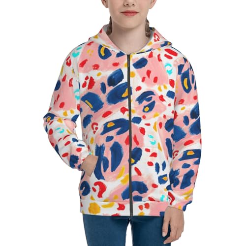 Hand Painted Abstract Leopard Print Kids Pullover Hoodies Boys Zip Up Sweatshirts Girls Athletic Clothes with Pocket3