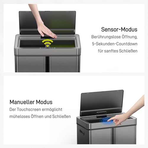 Image of EKO Mirage Plus 3-Compartment Recycling System, 2 x 15 Litre and 30 Litre, Recycling Bin with Sensor, 3 Inner Plastic Buckets, Automatic Bin with Lid, Large Bin