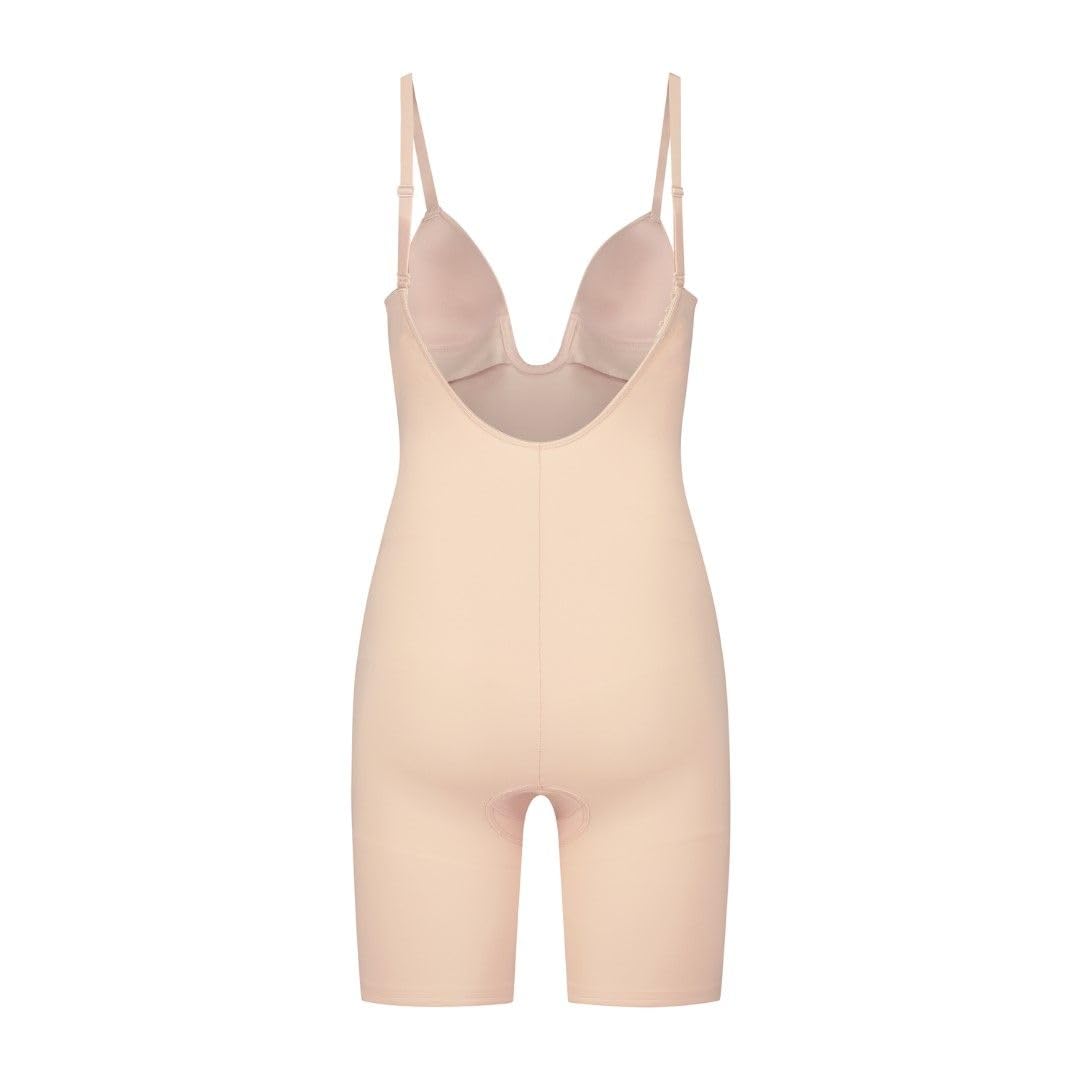 Bye Bra Body escultor en V profundo, bordes cortados con láser, correas de silicona, copas sin varillas, faja moldeadora para mujer, cintura media, colección escultora, beige/negro, S-XXL
