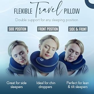 BCOZZY Travel Neck Pillow for Airplane– Patented Double Support for Head, Neck, and Chin. Best for Long Flights, Plane Sleeping, and Car Rides. Adjustable Size. Fully Washable. Carry Bag. Large, Black