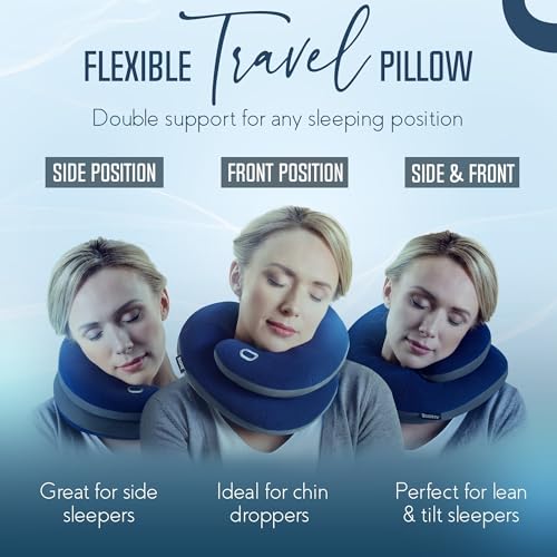 BCOZZY Travel Neck Pillow for Airplane– Patented Double Support for Head, Neck, and Chin. Best for Long Flights, Plane Sleeping, and Car Rides. Adjustable Size. Fully Washable. Carry Bag. Large, Black