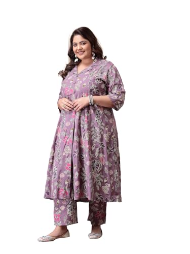 Image of Stylum Women's Plus Size Floral Printed Rayon Kurta Pant Set Mauve