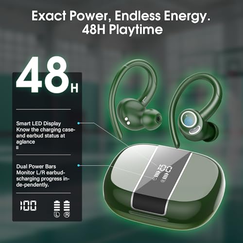 Image of Wireless Earbuds Bluetooth 5.3 Headphones Sports, 48H Earphone with ENC Mic, Stereo Deep Bass Bluetooth Earbuds with Secure Earhooks, LED Display, IPX7 Waterproof Over Ear Buds for Running /Gym Green