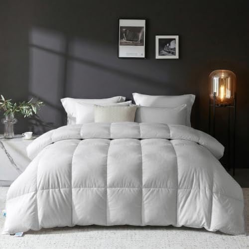 Image of L LOVSOUL Goose Feather Down Fiber Comforter Queen Size, 100% Organic Cotton Fabric Duvet Insert,1200TC,750+Fill Power, Hotel Collection, Light Weight Light Grey with 8 Tabs,90X90IN