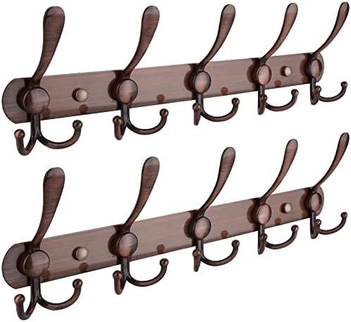 TICONN Wall Mounted Coat Rack, Five Heavy Duty Tri Hooks All Metal Construction for Jacket Coat Hat in Mudroom Entryway (Antique Bronze, 2-Pack)
