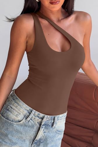 Image of REORIA Butsmooth Women's Trendy Sexy Plunge One Shoulder Sleeveless V Backless Going Out Tank Bodysuits Tops