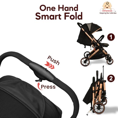 Image of Infantso GlideX Premium Baby Stroller / Pram, Reversible Handle, One-Hand Fold and 360 Rotating Wheels,, Travel Friendly, 5 Points Safety Harness, Extendable Canopy, Multilevel Recline, Adjustable Footrest, Easy Fold, Shock Absorption Wheels, for babies 0 to 3 years (GoldenBlack)