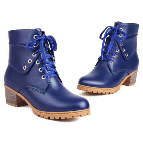 VOKLIN Women's Round Toe Dressy Ankle Boots Buckle Lace Up Low Heel Western Chelsea Combat Short Booties3