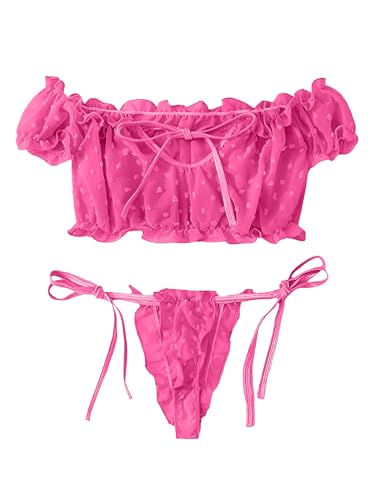 Image of Lilosy Sexy Stretch Ruffle Tie Sheer Mesh Lingerie Set Outfits
