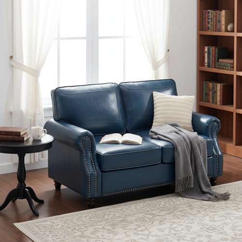 Image of Kingfun Small Leather Loveseat, 57.9 inch Mid Century Modern Leather Couch for Living Room, Bedroom, Office, Love seat Sofas, Mini Sofa with Rolled Arms and Nailhead Trim, Blue