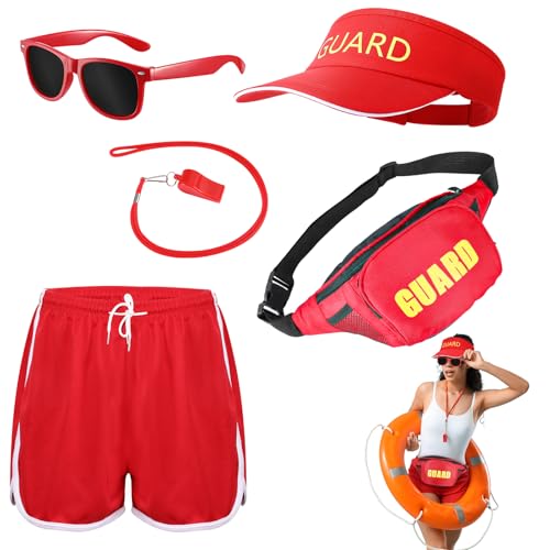 GSrenyu Ensemble de sauvetage 5 pièces incluant guad, sifflet, chapeau, lunettes de soleil, short, sac banane réglable, costume de sauveteur pour adulte