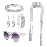 5 Pcs 70s Disco Accessories Women Disco Costume Set Disco Sequin Scarf Headband Diamond Bracelet Earrings Sunglasses Sliver