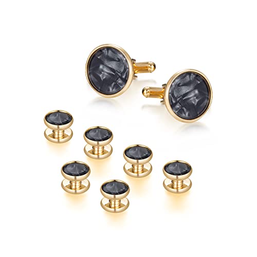 Image of wynameleri Mens Classic Shirts Cufflink Studs, Mother-of-Pearl Tuxedo Shirt Button and Cuff Links Set, Formal Business Wedding Jewelry