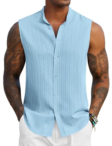 COOFANDY Men's Casual Sleeveless Shirts Button Up Beach Tank Top for Summer,Light Blue,Small
