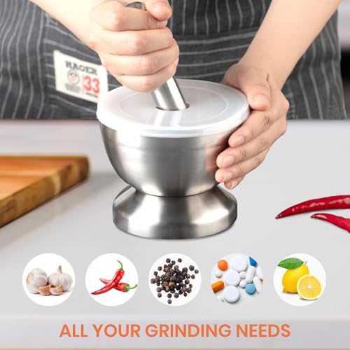 Tera 18/8 Stainless Steel Mortar and Pestle with Brush Spice Grinder Pill Crusher Herb Bowl Pesto Powder 1.5 Cup 350ml