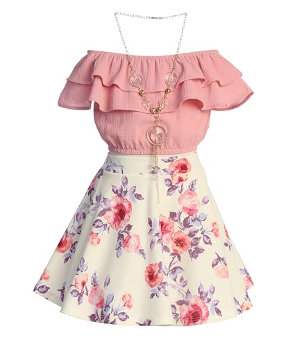Image of Cold Shoulder Crop Top Ruffle Layered Top Flower Girl Skirt Sets for Girl