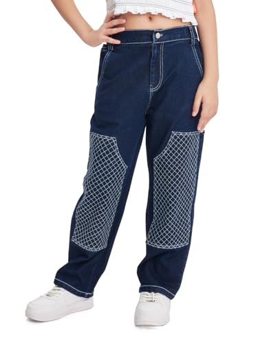 Image of olele Girls Super Jeans Collection for 4-14 Yrs | Stretchable Cotton Denim Trousers | Blue Jeans for Kids | Baggy Denim Pants | Cargo Pants for Girls