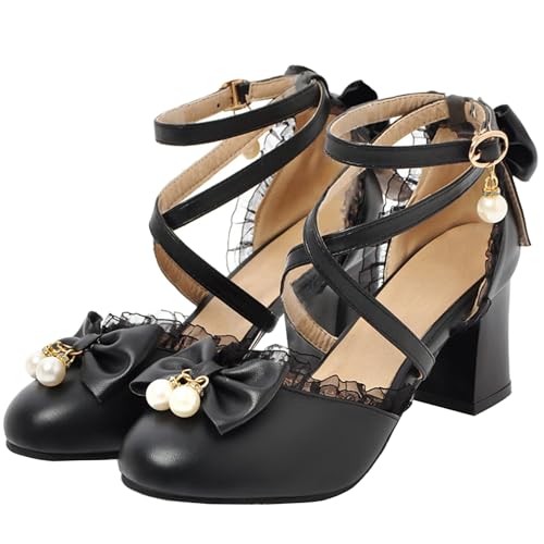 LUXMAX Womens Bow Pumps Cross Strap Block Heel Cute Cosplay Shoes