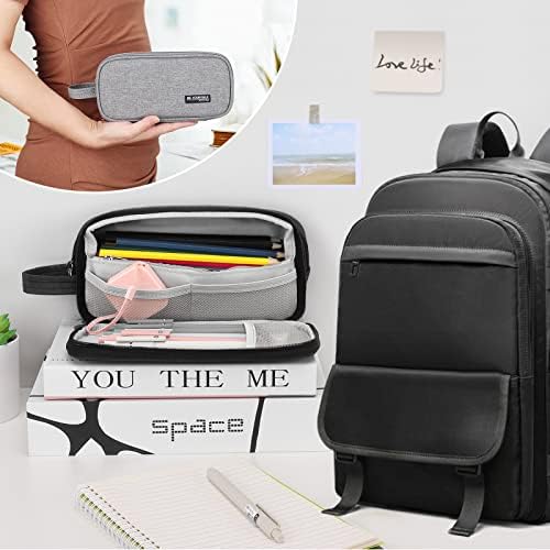 Uquelic Pencil Case with 8 Compartments Large Capacity 3 Layer, Pencil Pouch Handheld Pen Bag, Portable Cosmetic Case for Office, School, Teen Girl and Boys, Adult Men and Women, Grey