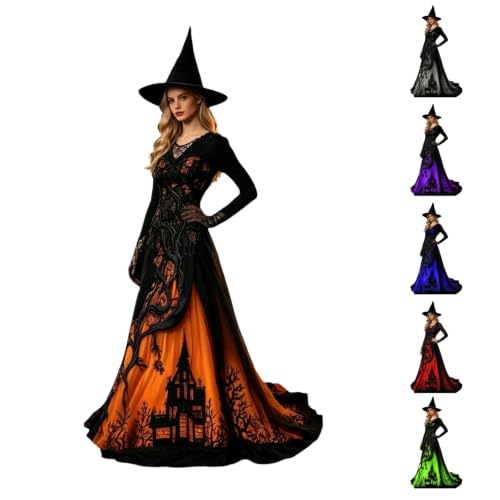 Womens Witch Halloween Costumes Gothic Print Long Sleeve Maxi Dress Orange - image 1