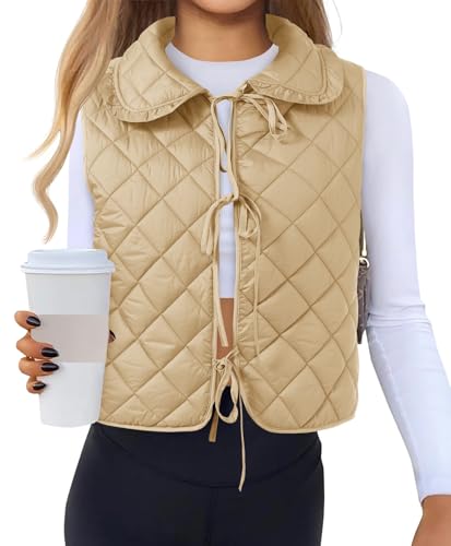 Tankaneo Womens Quilted Puffer Vest Tie Front Lightweight Sleeveless Outerwear Padded Gilet Jacket