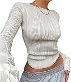 Frauen Sexy Slim Crop Shirt Langarm Crewneck Taillierte T-Shirts Top Knit Cropped T-Shirt Bluse Retro Streetwear (1204-Weiß, M)