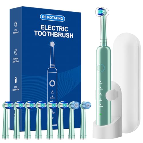 Image of Rotating Electric Toothbrush for Adults, 8 Brush Heads (2 Types) & Travel Case, 5 Cleaning Modes Rechargeable Power Toothbrush with 2-Minute Smart Timer, Mint