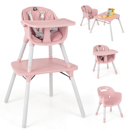Image of BABY JOY High Chair, 5 in 1 Convertible Highchair for Babies & Toddlers | Booster Seat | Table and Chair Set | Infant Feeding Chair with Removable Tray, Safety Harness, Removable Cushion (Pink)