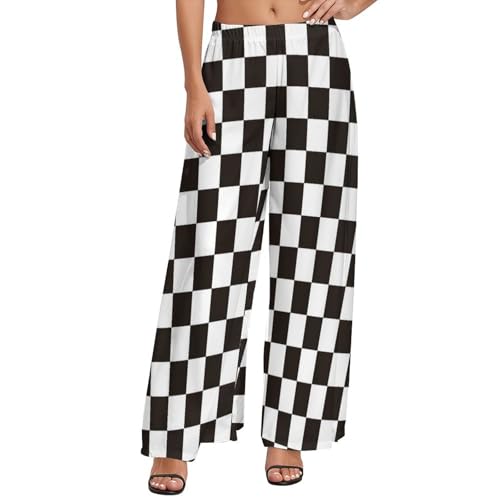 VOSERY Palazzo Pants for Women - Black and White Checkerboard Comfy Casual Womens Wide Leg Pants Baggy Lounge Pants