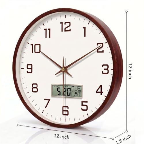 Image of STAR WORK Silent Non-Ticking Wall Clock 12 inch Inch Analog Clock & LCD Display | Calendar Date, Day, Temperature, Operated Decorative Clock for Living Room, Kitchen, Bedroom,Office (White Brown Digital)
