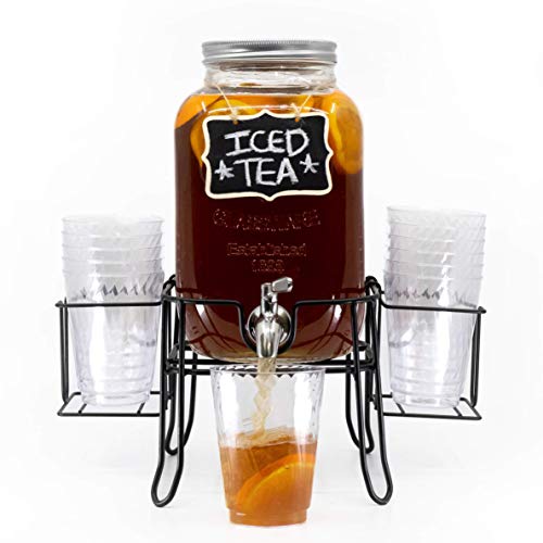 4 Kitchen One Gallon Glass Beverage Dispenser with Leak-Free Stainless Steel Spigot | Includes Sturdy Metal Stand, Chalkboard, and Cup Holder | Great for Outdoor Parties | Perfect for any Cold Drink