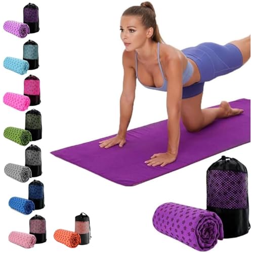Yoga Towel Sweat Absorbent Non-slip Yoga Towel Quick-drying Yoga Mat with Grip Dots Cloth Breathable Yoga Mat Super Soft Sweat Absorbent Microfiber Mat Towel With Mesh Carrying Bag…