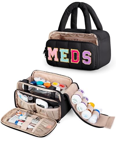 Fasrom Chenille Letter Medicine Bag Preppy Patch Meds Bags for Travel Pill Bottle Organizer with Puffy Handles Portable Cosmetic Toiletry Storage Makeup Case for Women Black (Bag Only)