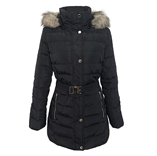 Michael Michael Kors Faux Fur Trim Hooded Belted Down Coat Puffer Black (L)