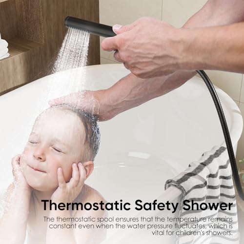 Image of Gabrylly Thermostatic Shower System with Tub Spout, All Metal Bathtub Shower Faucets Set with Anti Scald Shower Valve, High Pressure 10 inch Rain Shower head with Handheld Spray Combo, Matte Black